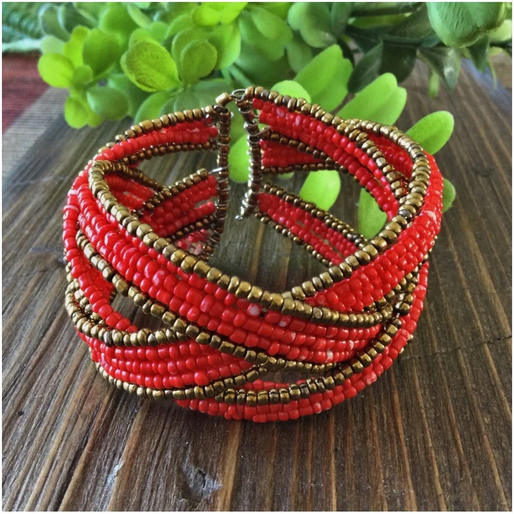 Handmade Twisted Flexible Seed Bead Braided Open Cuff Bracelet – Red & Gold
